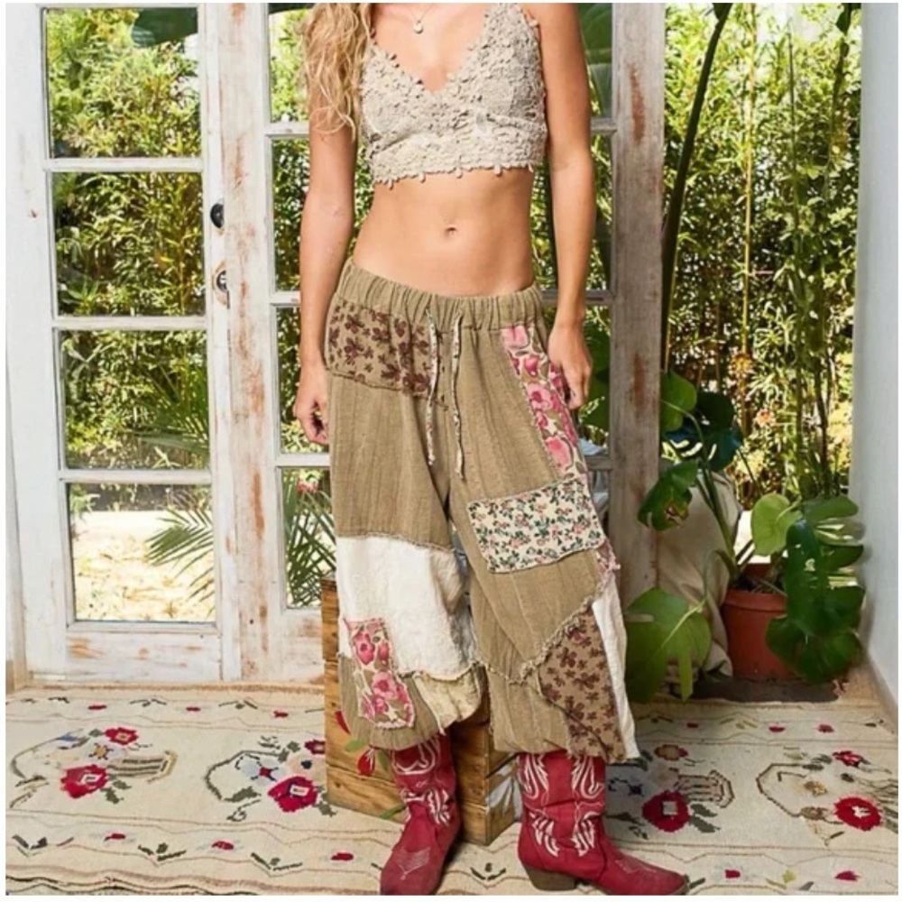 POL Patchwork Boho Hippie Pants Linen Blend Lounge Bohemian Festival Size M NWT - Picture 5 of 12